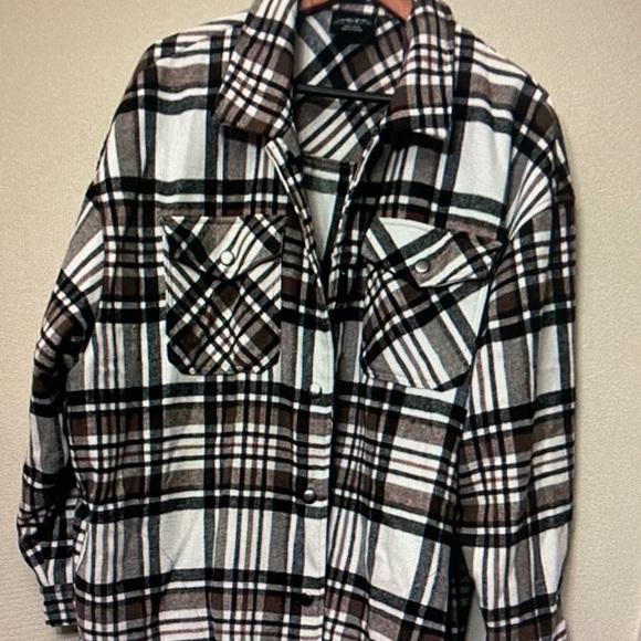 Plaid Button-Down Shirt Jacket - Brown & White - Picture 3 of 5